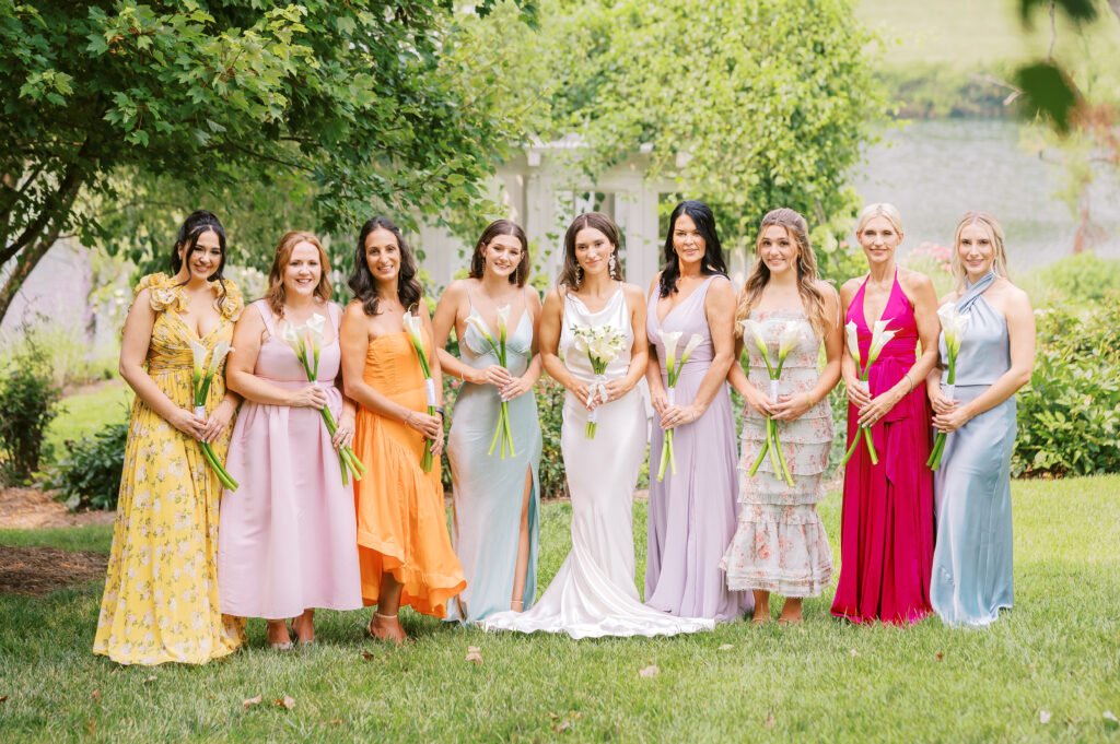 mismatched bridesmaid dresses in bright colors