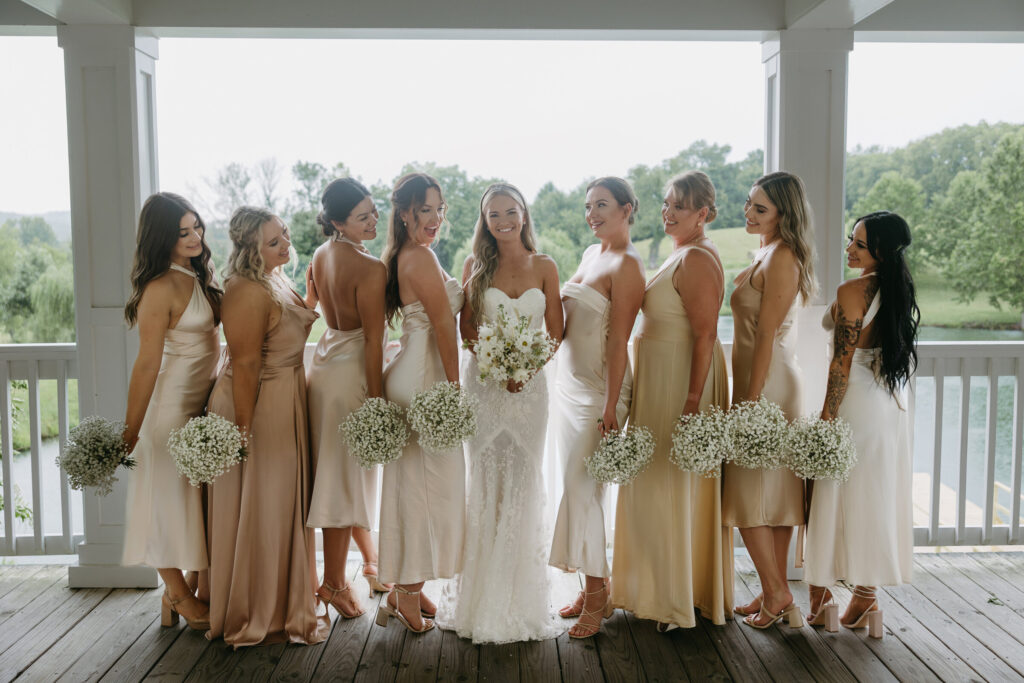 mismatched bridesmaid dresses in neutral tones
