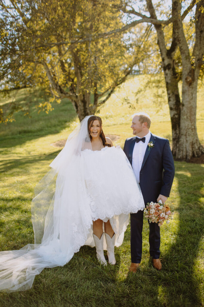 white cowboy boots with wedding dress and fall wedding palette